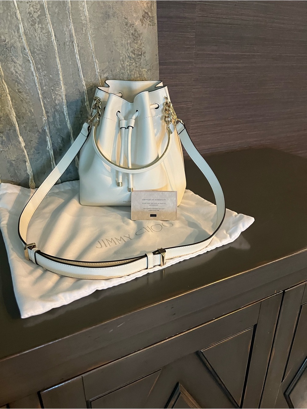 Jimmy Choo White Leather Drawstring Bucket Bag with Gold Hardware